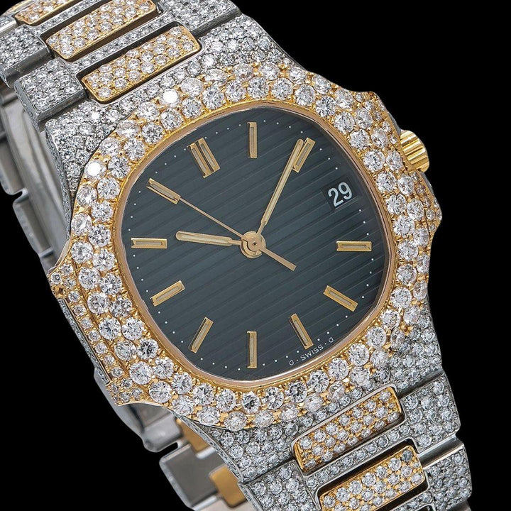 Patek Philippe Nautilus Stick Markers Black Dial Two Tone Yellow Gold Iced Out Watch Close Up Dial View