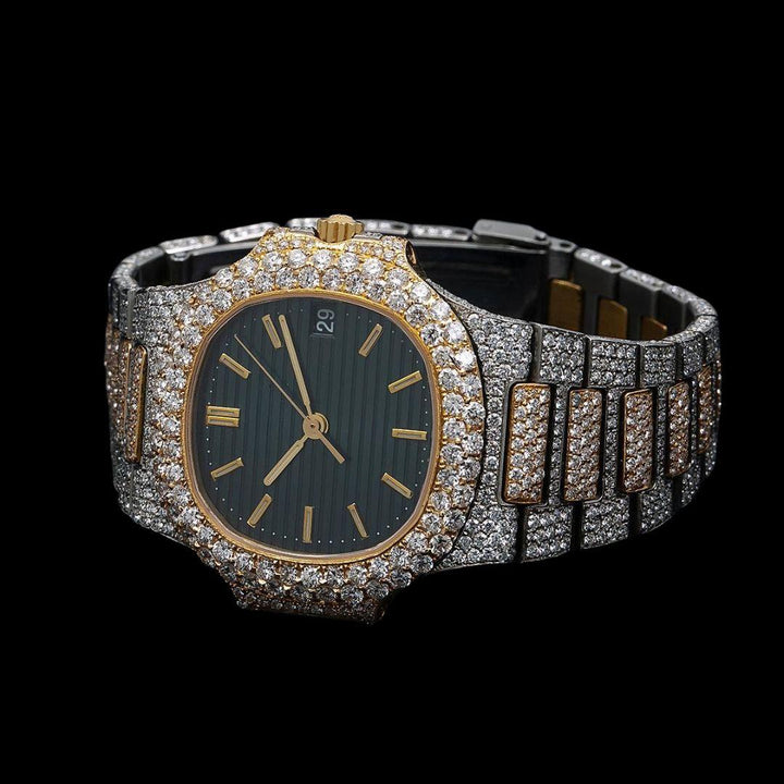 Patek Philippe Nautilus Stick Markers Black Dial Two Tone Yellow Gold Iced Out Watch Close Up Front View