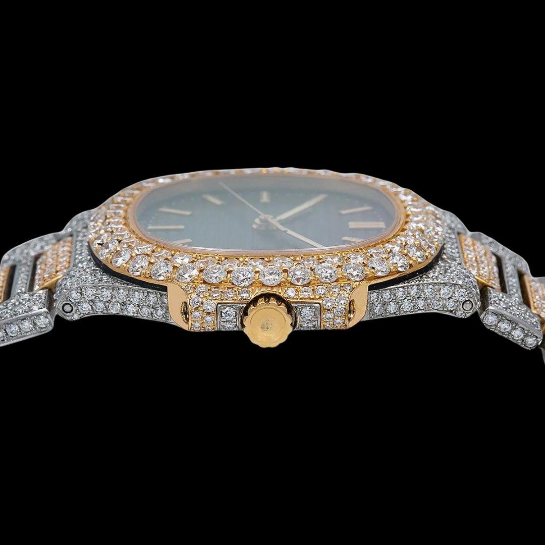 Patek Philippe Nautilus Stick Markers Black Dial Two Tone Yellow Gold Iced Out Watch Crown View