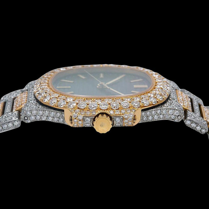 Patek Philippe Nautilus Stick Markers Black Dial Two Tone Yellow Gold Iced Out Watch Crown View