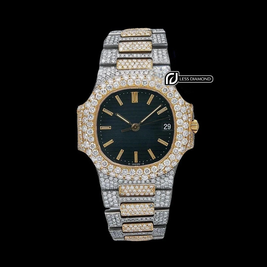 Patek Philippe Nautilus Stick Markers Black Dial Two Tone Yellow Gold Iced Out Watch Front View