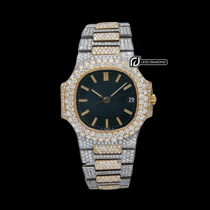 Patek Philippe Nautilus Stick Markers Black Dial Two Tone Yellow Gold Iced Out Watch Front View
