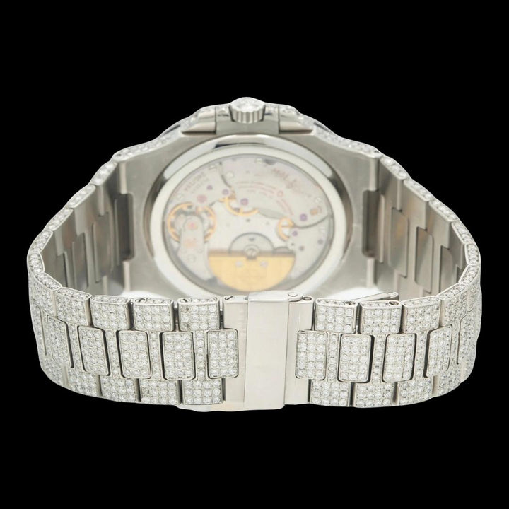Patek Philippe Nautilus Stick Markers Blue Dial Moonphase Fully Iced Out Moissanite Watch Caseback View