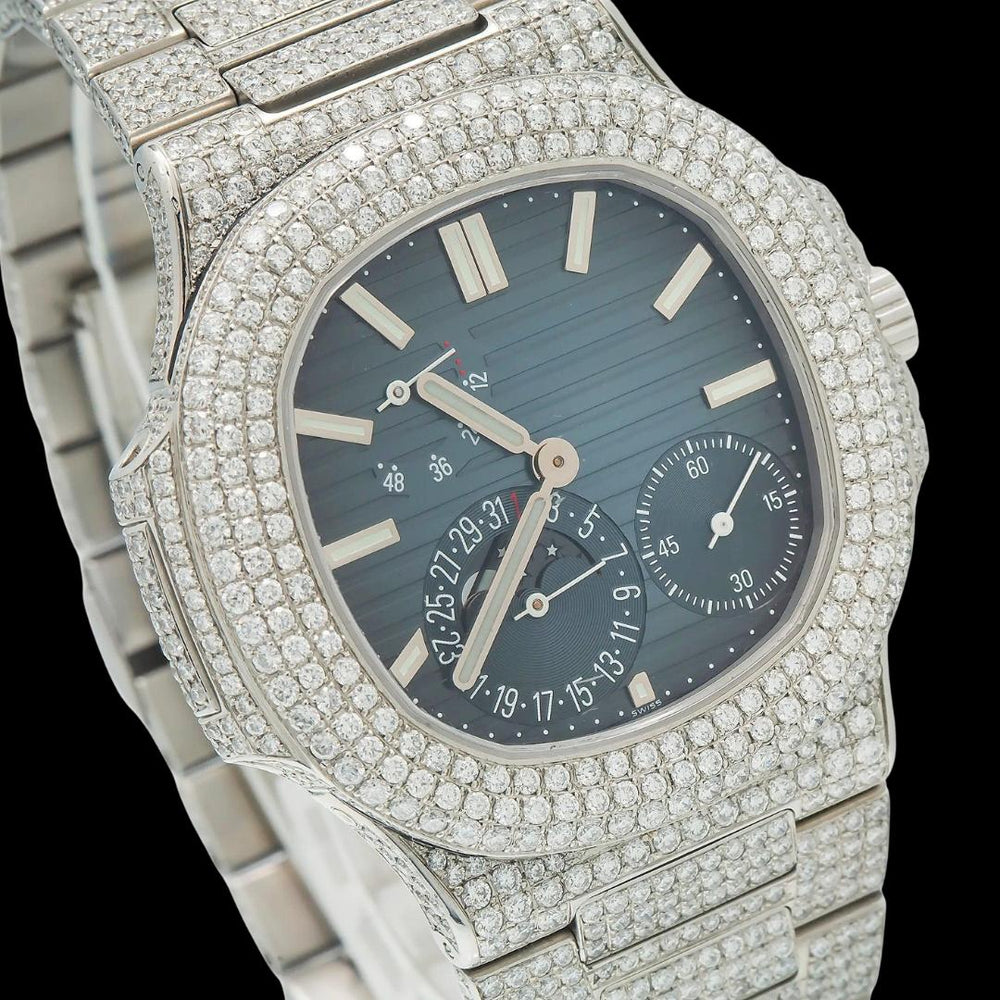 Patek Philippe Nautilus Stick Markers Blue Dial Moonphase Fully Iced Out Moissanite Watch Close Up Dial View