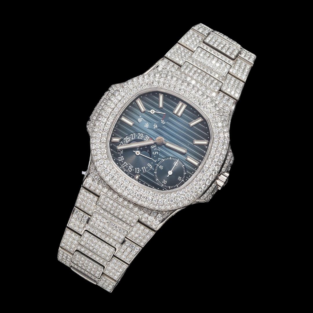 Patek Philippe Nautilus Stick Markers Blue Dial Moonphase Fully Iced Out Moissanite Watch Close Up Front View