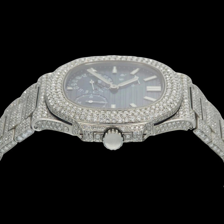 Patek Philippe Nautilus Stick Markers Blue Dial Moonphase Fully Iced Out Moissanite Watch Crown View