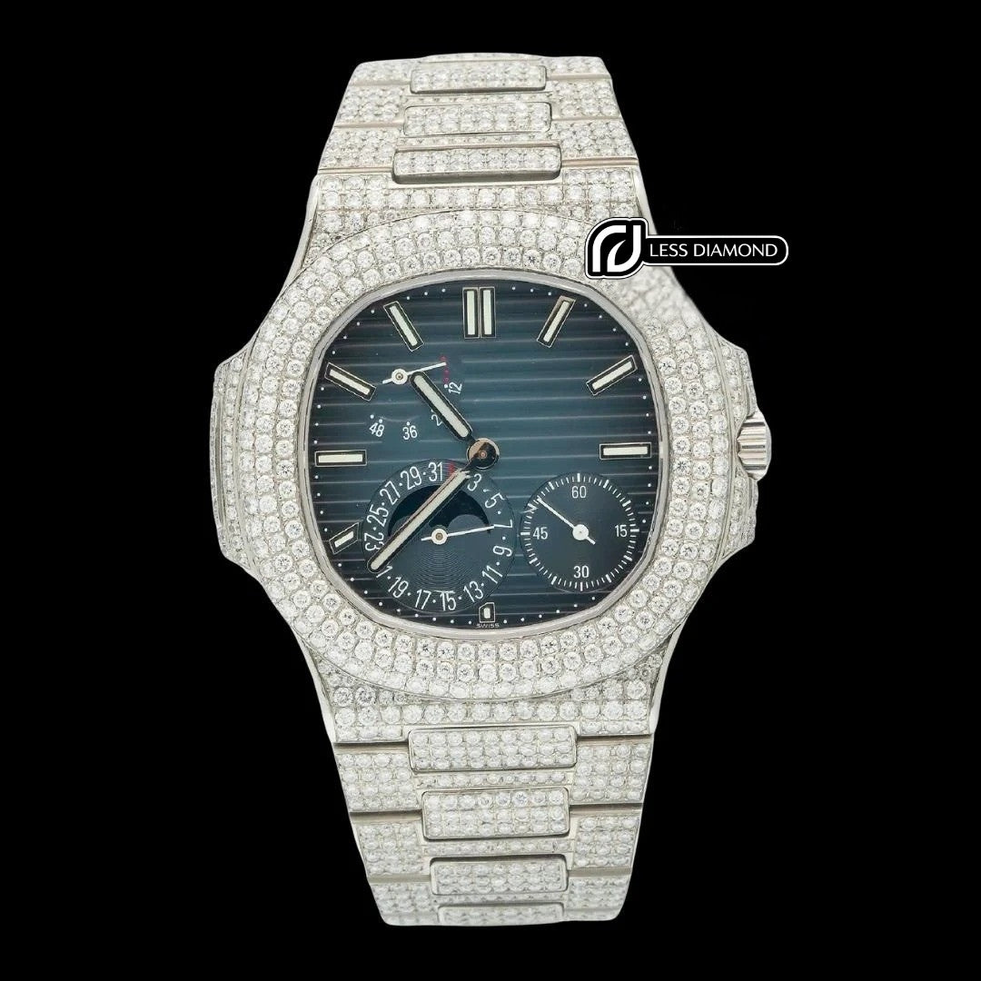 Patek Philippe Nautilus Stick Markers Blue Dial Moonphase Fully Iced Out Moissanite Watch Front View