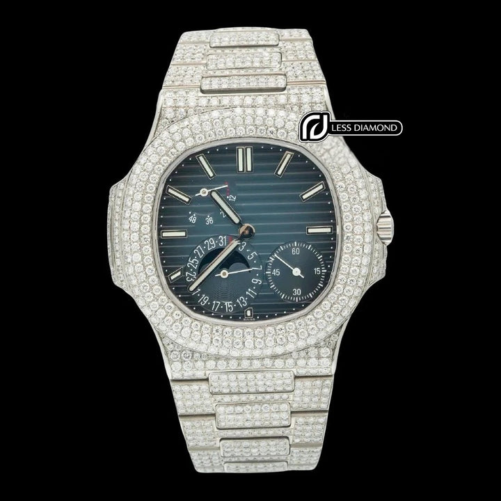 Patek Philippe Nautilus Stick Markers Blue Dial Moonphase Fully Iced Out Moissanite Watch Front View