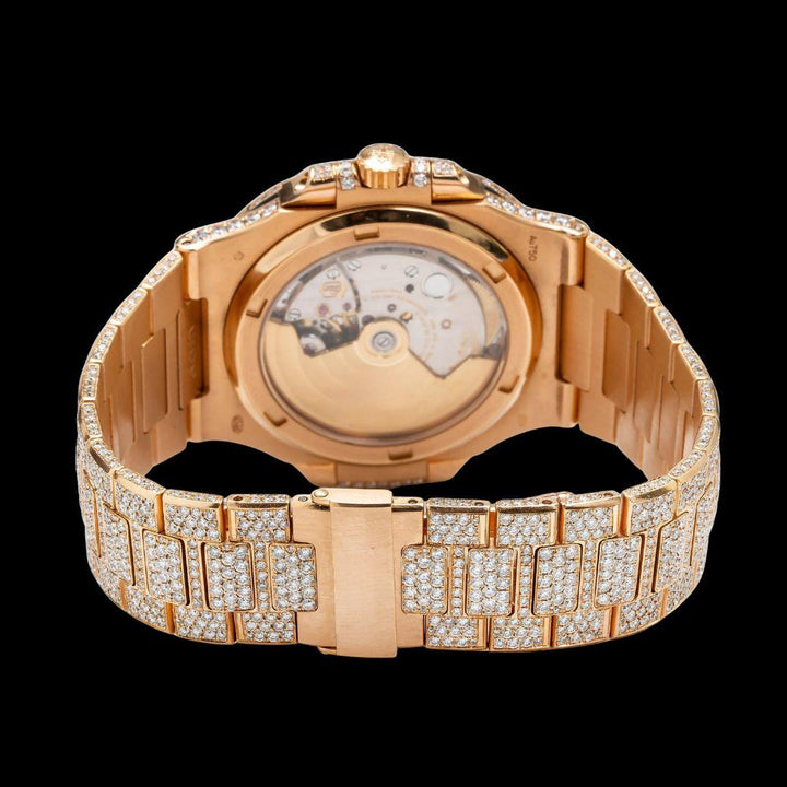 Patek Philippe Nautilus Stick Markers Dial Fully Iced Out Rose Gold Moissanite Watch Caseback View