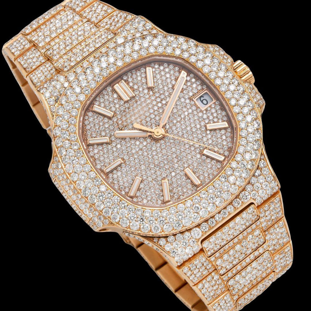 Patek Philippe Nautilus Stick Markers Dial Fully Iced Out Rose Gold Moissanite Watch Close Up Dial View