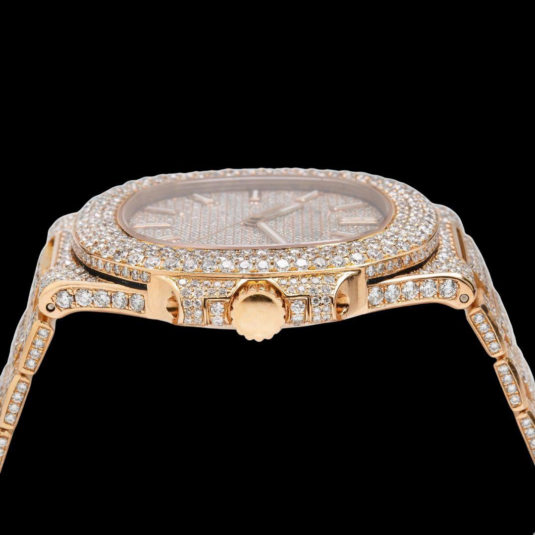 Patek Philippe Nautilus Stick Markers Dial Fully Iced Out Rose Gold Moissanite Watch Crown View