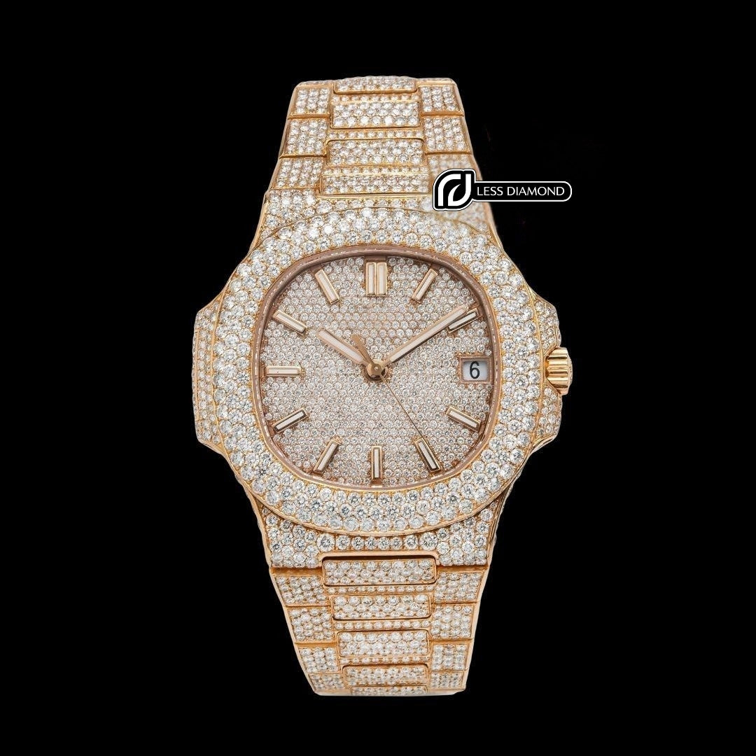 Patek Philippe Nautilus Stick Markers Dial Fully Iced Out Rose Gold Moissanite Watch Front View
