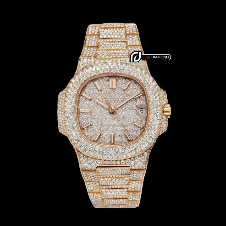 Patek Philippe Nautilus Stick Markers Dial Fully Iced Out Rose Gold Moissanite Watch Front View
