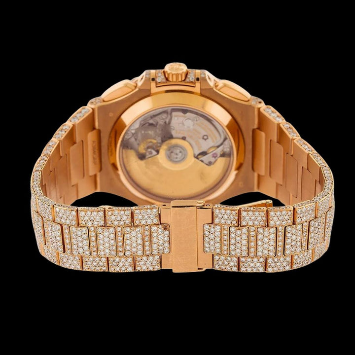 Patek Philippe Nautilus White Subdial Stick Markers Rose Gold Iced Out Moissanite Watch Caseback View