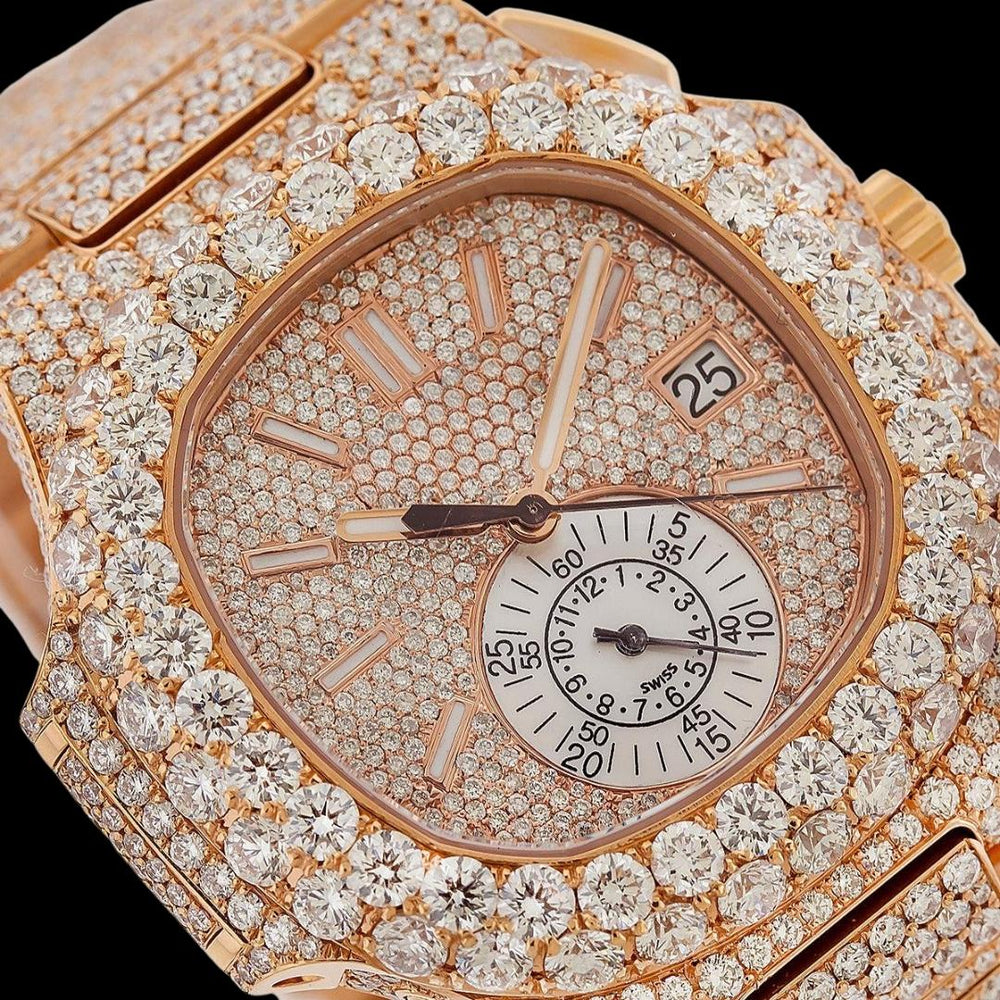 Patek Philippe Nautilus White Subdial Stick Markers Rose Gold Iced Out Moissanite Watch Close Up Dial View