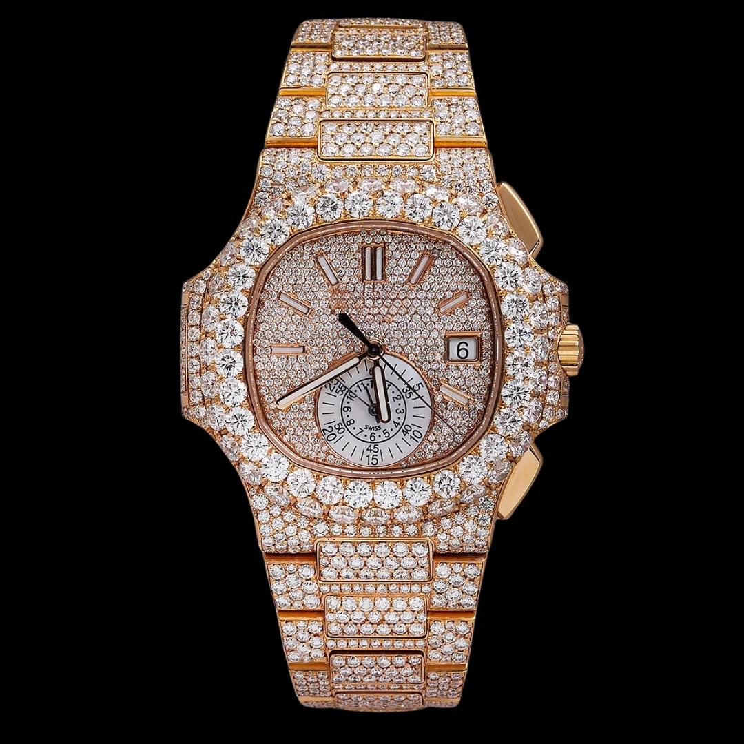 Patek Philippe Nautilus White Subdial Stick Markers Rose Gold Iced Out Moissanite Watch Close Up Front View
