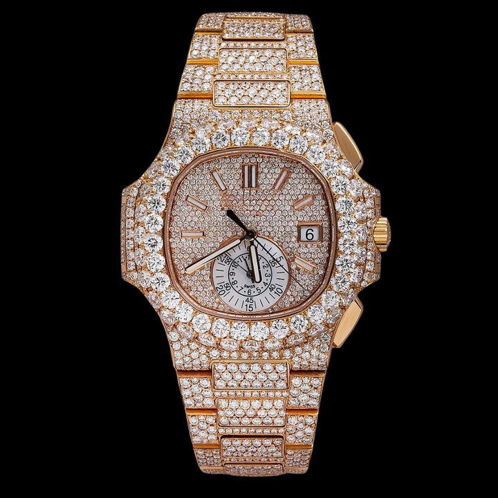 Patek Philippe Nautilus White Subdial Stick Markers Rose Gold Iced Out Moissanite Watch Close Up Front View