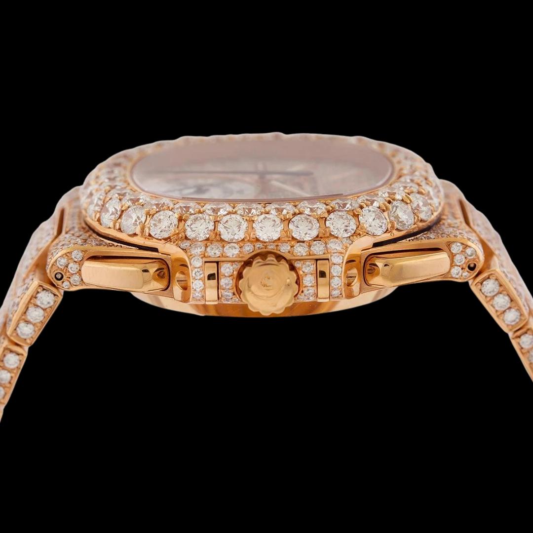 Patek Philippe Nautilus White Subdial Stick Markers Rose Gold Iced Out Moissanite Watch Crown View