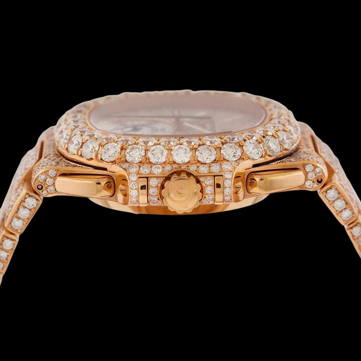 Patek Philippe Nautilus White Subdial Stick Markers Rose Gold Iced Out Moissanite Watch Crown View