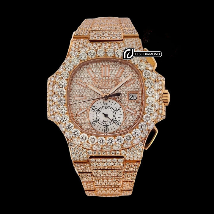 Patek Philippe Nautilus White Subdial Stick Markers Rose Gold Iced Out Moissanite Watch Front View