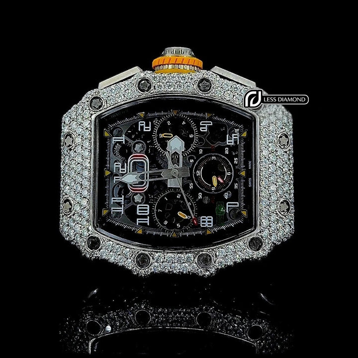 Richard Mille RM 011 Chronograph Dial Semi Iced Out Rubber Strap Moissanite Watch Front View