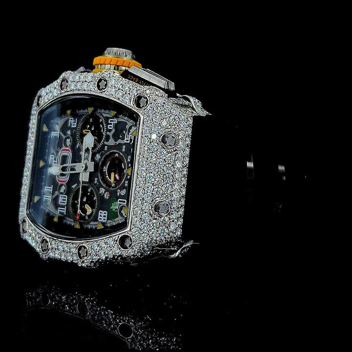 Richard Mille RM 011 Chronograph Dial Semi Iced Out Rubber Strap Moissanite Watch Left Profile View