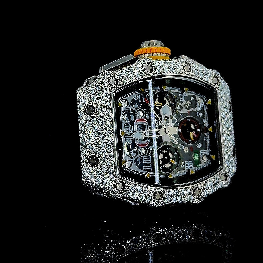 Richard Mille RM 011 Chronograph Dial Semi Iced Out Rubber Strap Moissanite Watch Right Profile View