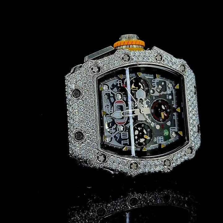 Richard Mille RM 011 Chronograph Dial Semi Iced Out Rubber Strap Moissanite Watch Right Profile View
