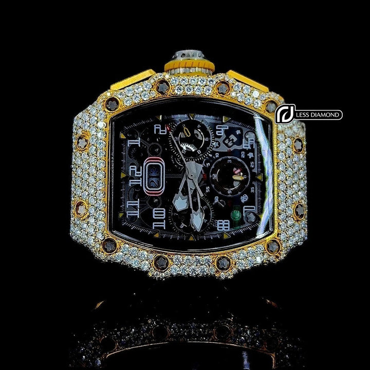 Richard Mille RM 011 Chronograph Dial Yellow Gold Semi Iced Out Rubber Strap Watch Front View