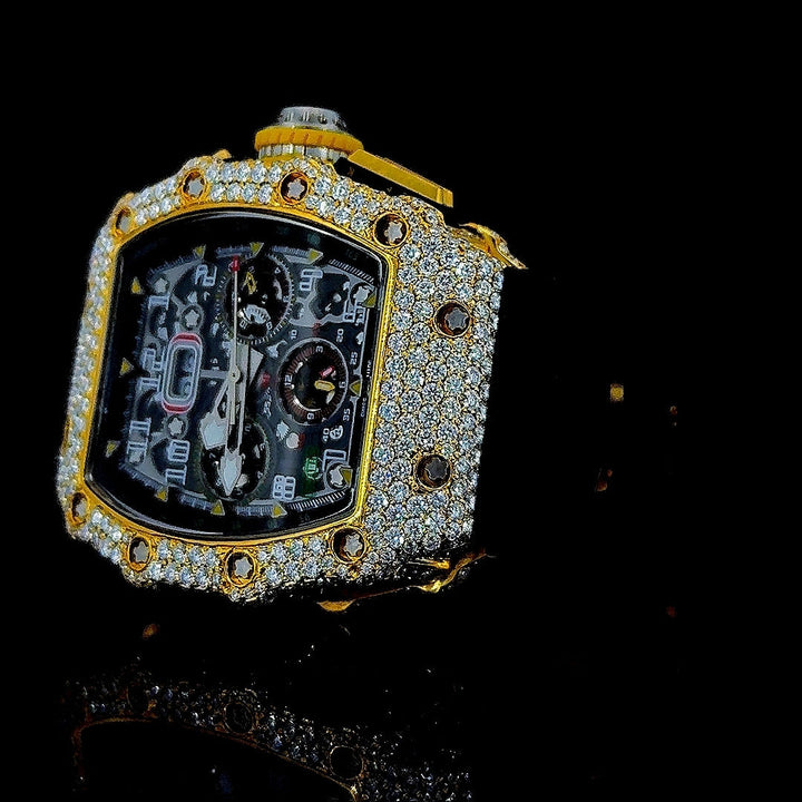 Richard Mille RM 011 Chronograph Dial Yellow Gold Semi Iced Out Rubber Strap Watch Left Profile View