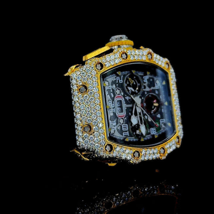 Richard Mille RM 011 Chronograph Dial Yellow Gold Semi Iced Out Rubber Strap Watch Right Profile View