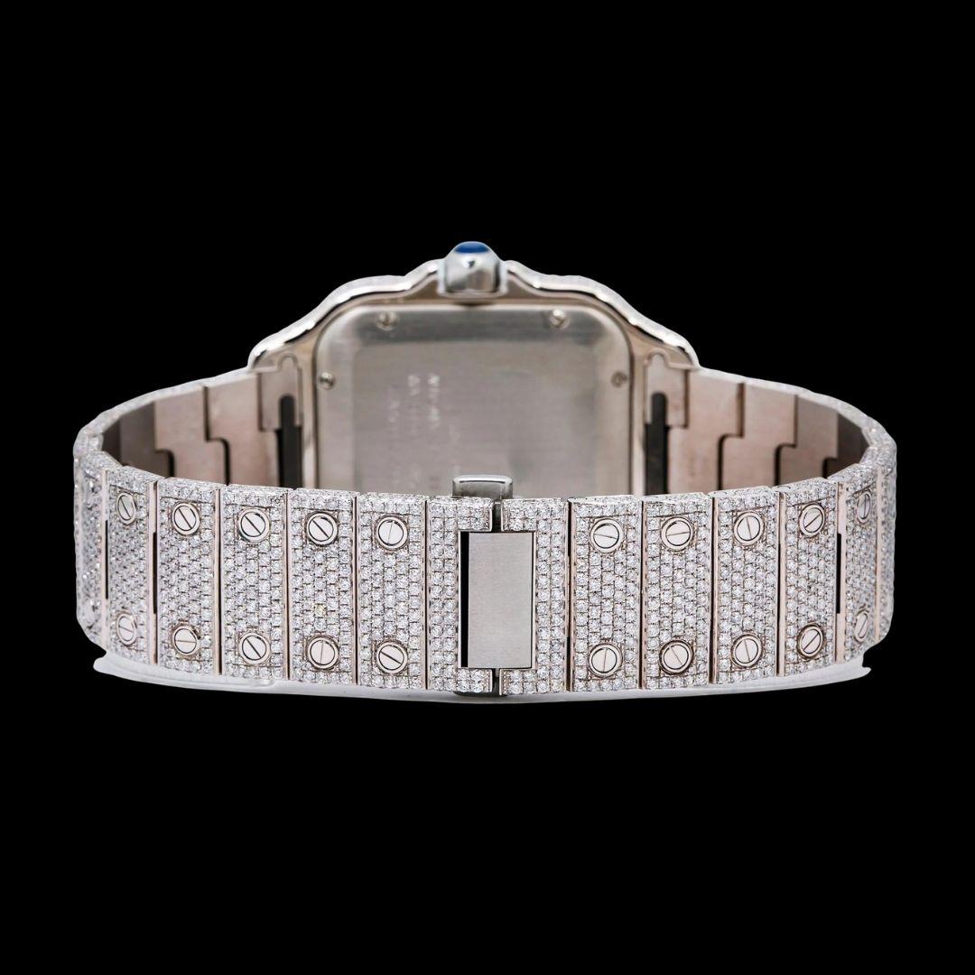 Rose Gold Roman Dial Cartier Santos Two Tone Iced Out Moissanite Watch Caseback View