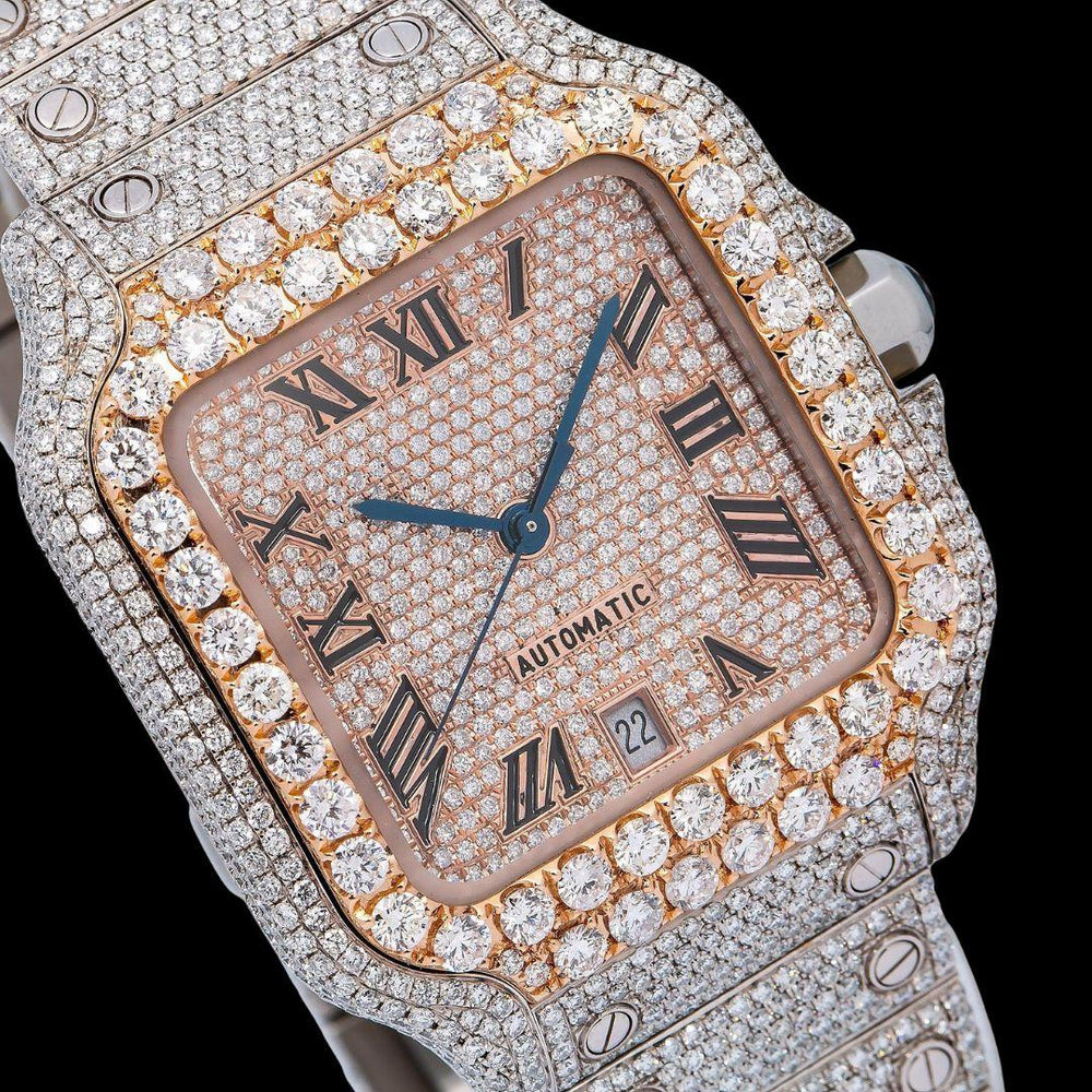 Rose Gold Roman Dial Cartier Santos Two Tone Iced Out Moissanite Watch Close Up Dial View