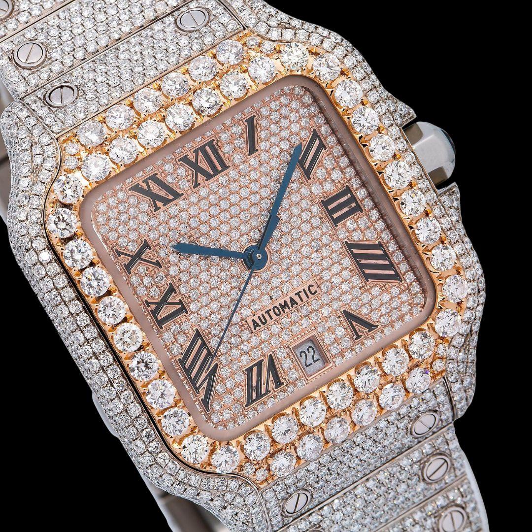 Rose Gold Roman Dial Cartier Santos Two Tone Iced Out Moissanite Watch Close Up Dial View