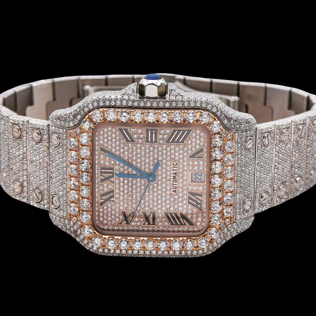 Rose Gold Roman Dial Cartier Santos Two Tone Iced Out Moissanite Watch Close Up Front View