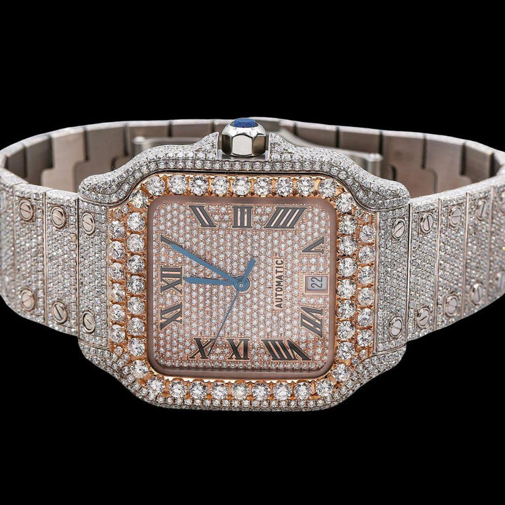 Rose Gold Roman Dial Cartier Santos Two Tone Iced Out Moissanite Watch Close Up Front View