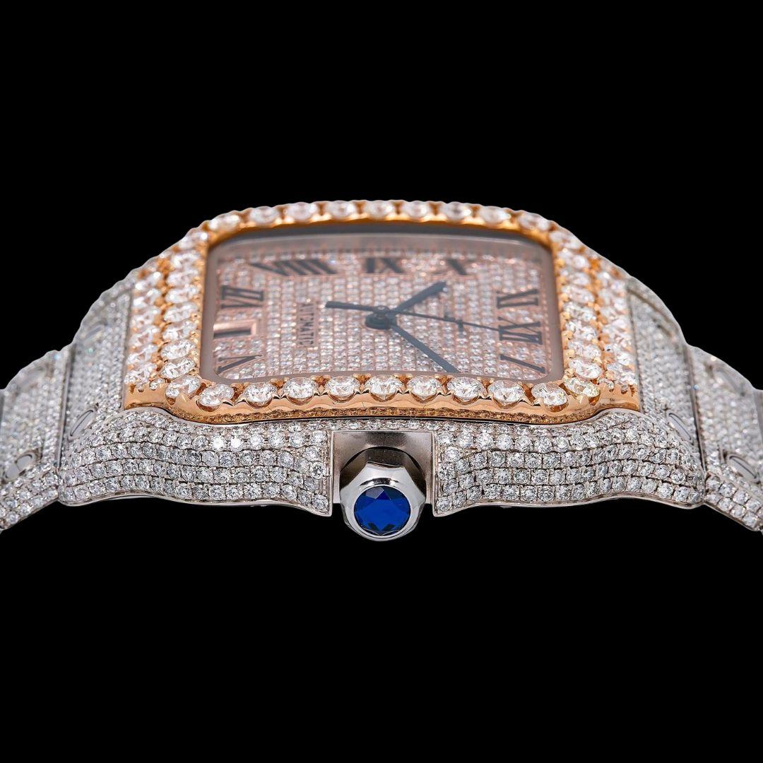 Rose Gold Roman Dial Cartier Santos Two Tone Iced Out Moissanite Watch Crown View