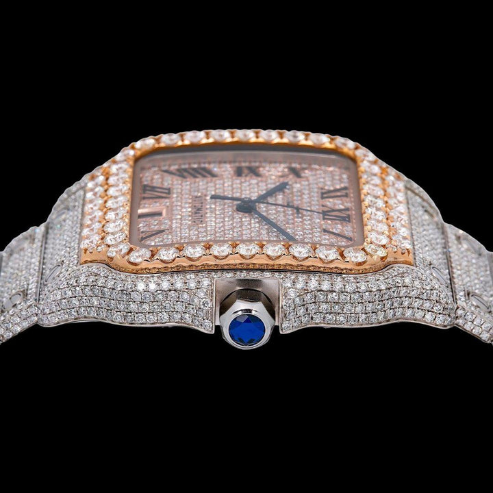 Rose Gold Roman Dial Cartier Santos Two Tone Iced Out Moissanite Watch Crown View