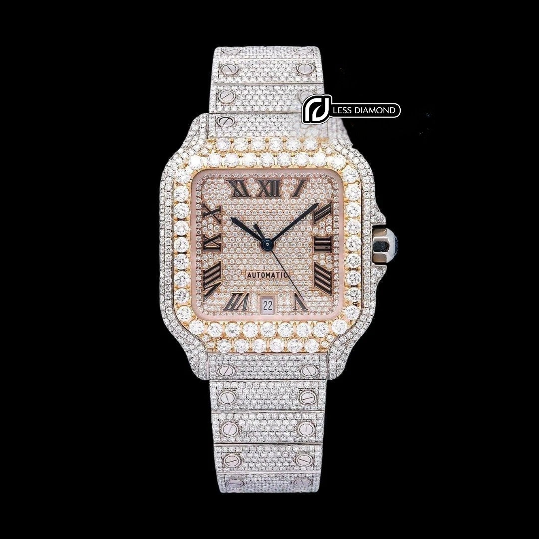 Rose Gold Roman Dial Cartier Santos Two Tone Iced Out Moissanite Watch Front View