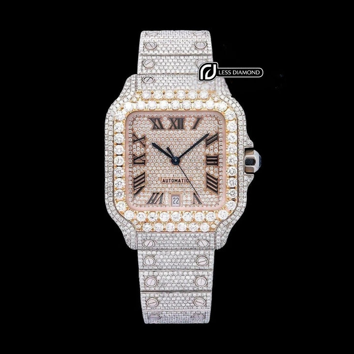 Rose Gold Roman Dial Cartier Santos Two Tone Iced Out Moissanite Watch Front View