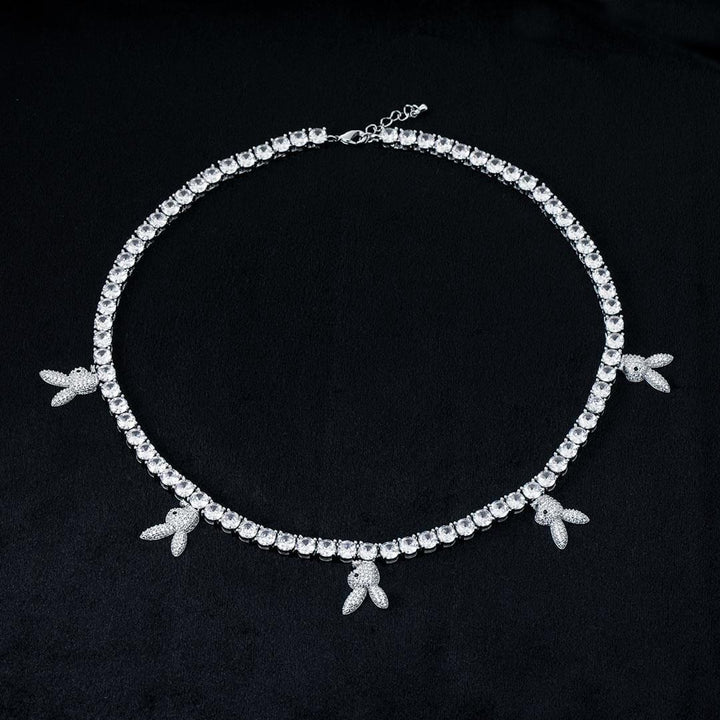 Round Moissanite Bunny Accent Tennis Necklace in 14K White Gold Detailed Close Up View
