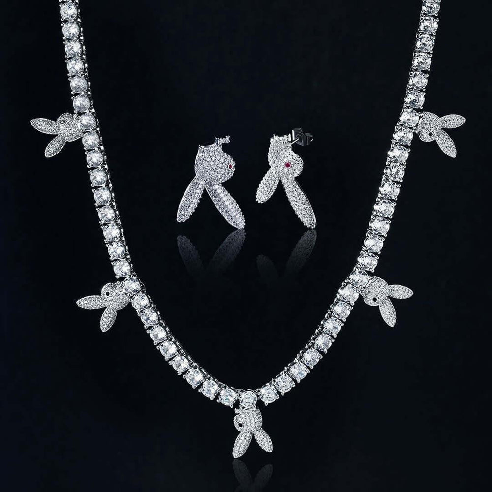Round Moissanite Bunny Accent Tennis Necklace in 14K White Gold Detailed Link View