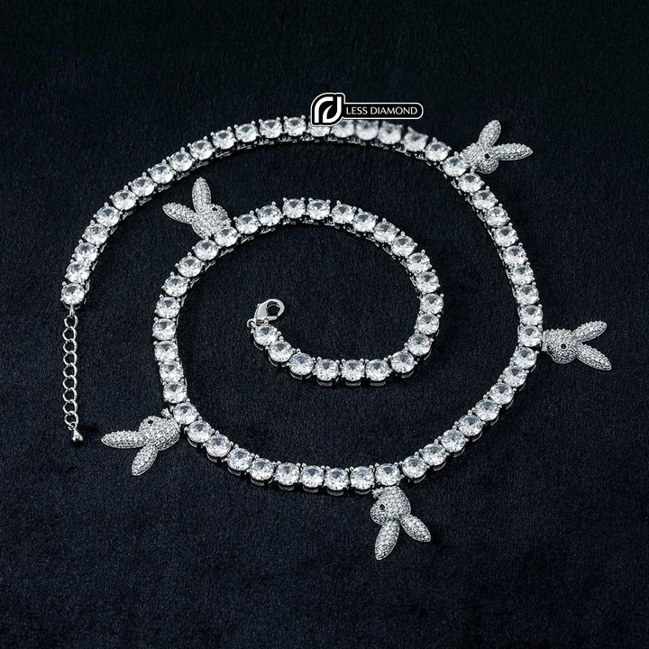 Round Moissanite Bunny Accent Tennis Necklace in 14K White Gold Front View