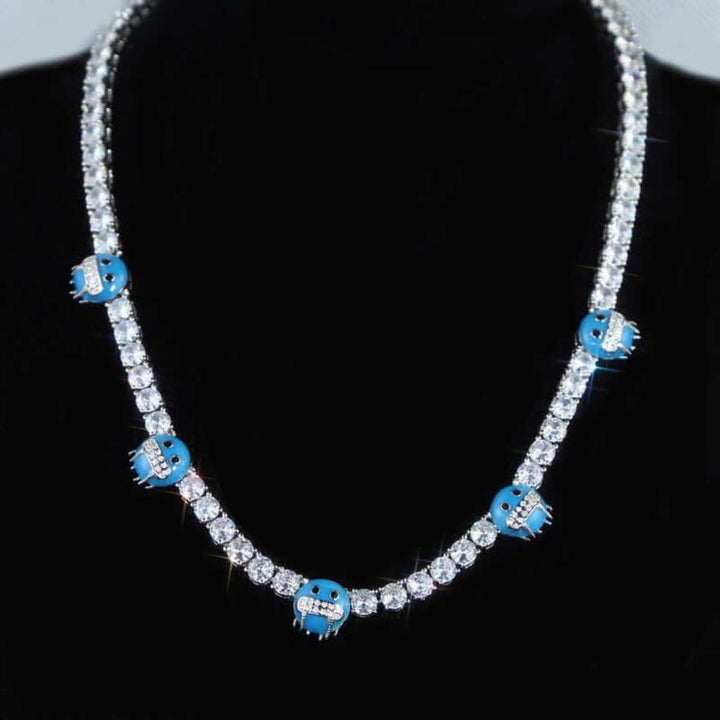 Round Moissanite Cold Face Accent Tennis Necklace in 14K White Gold Close Up Neck View 