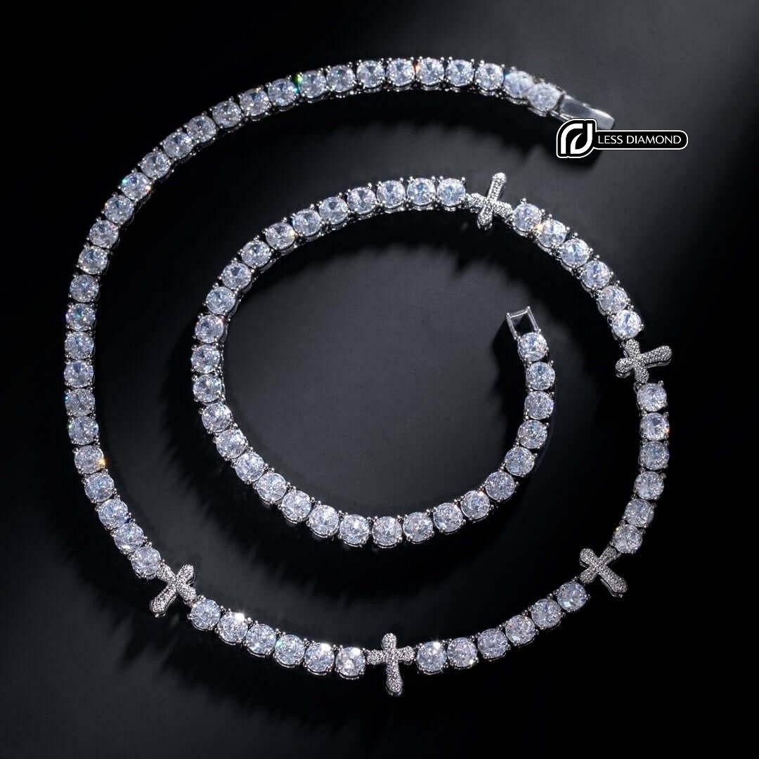 Round Moissanite Cross Accent Tennis Necklace in 14K White Gold Front View
