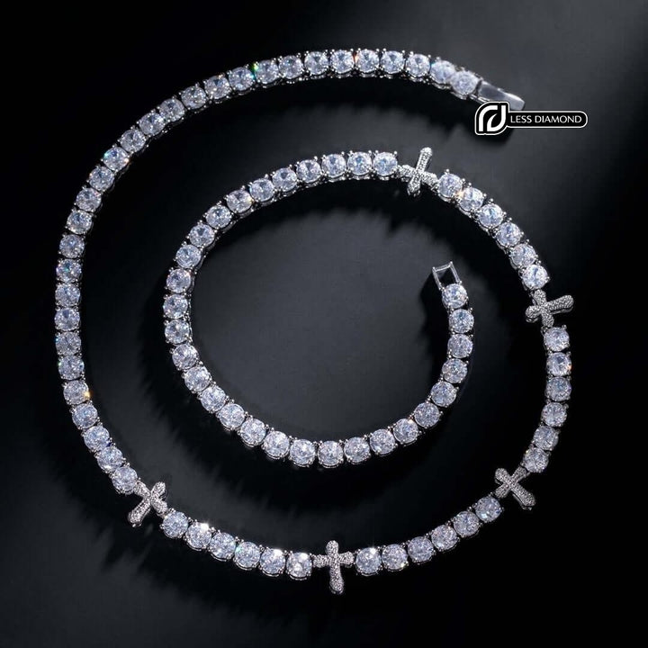 Round Moissanite Cross Accent Tennis Necklace in 14K White Gold Front View
