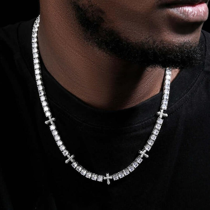 Round Moissanite Cross Accent Tennis Necklace in 14K White Gold On Neck View 