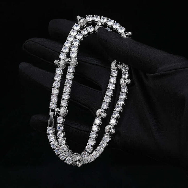 Round Moissanite Geometric Accent Tennis Necklace in 14K White Gold On Hand View