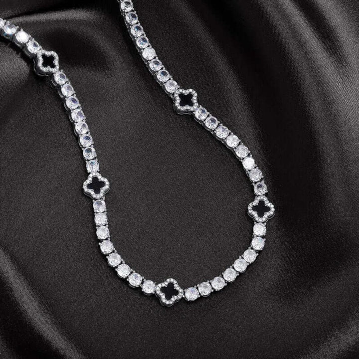 Round Moissanite Geometric Clover Tennis Necklace in 14K White Gold Detailed Link View