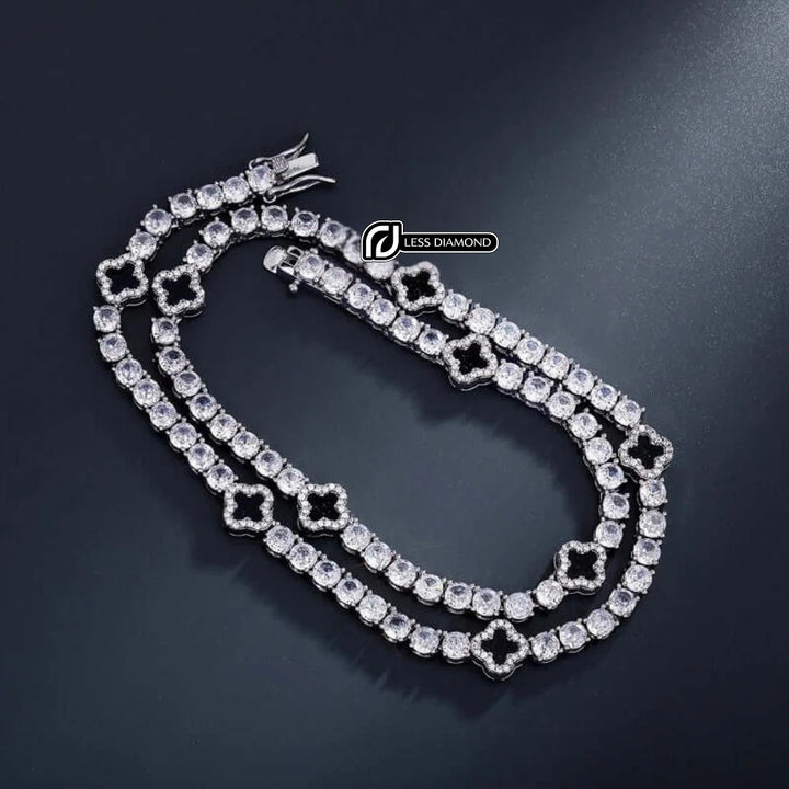 Round Moissanite Geometric Clover Tennis Necklace in 14K White Gold Front View